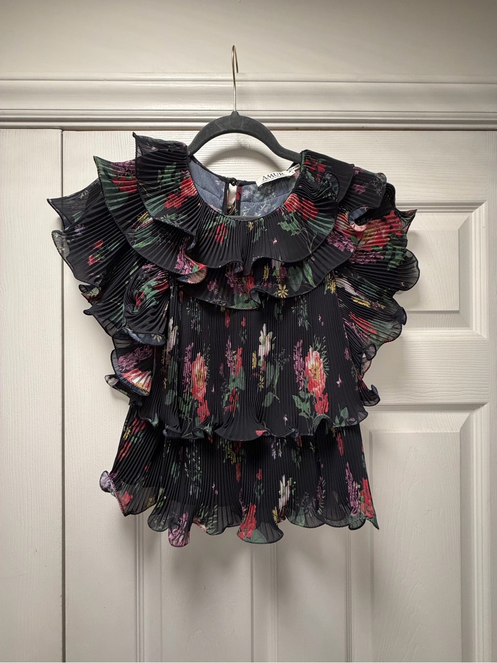 AMUR Black Pleated Top with Red and Green Floral Print